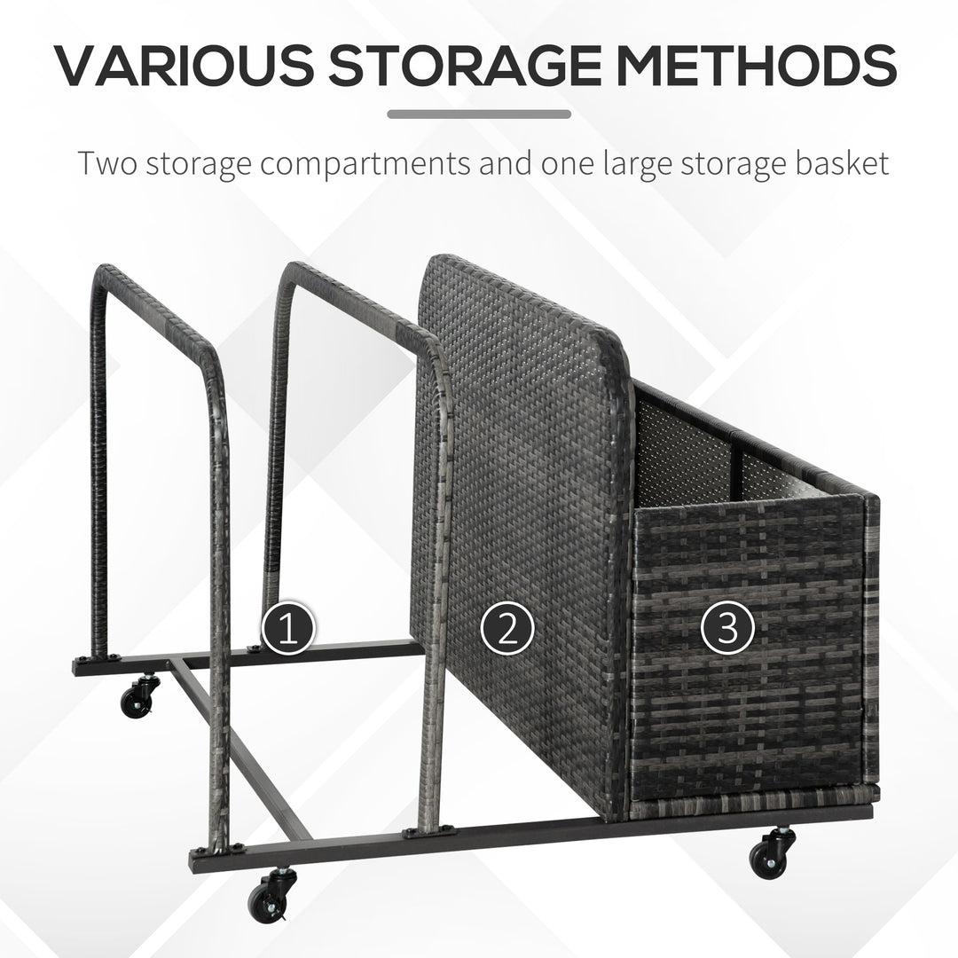 Outsunny Rolling Pool Storage Rattan Patio Furniture Outdoor Storage Wicker Organizer for Floats, Paddles, Balls, Towels, Brown