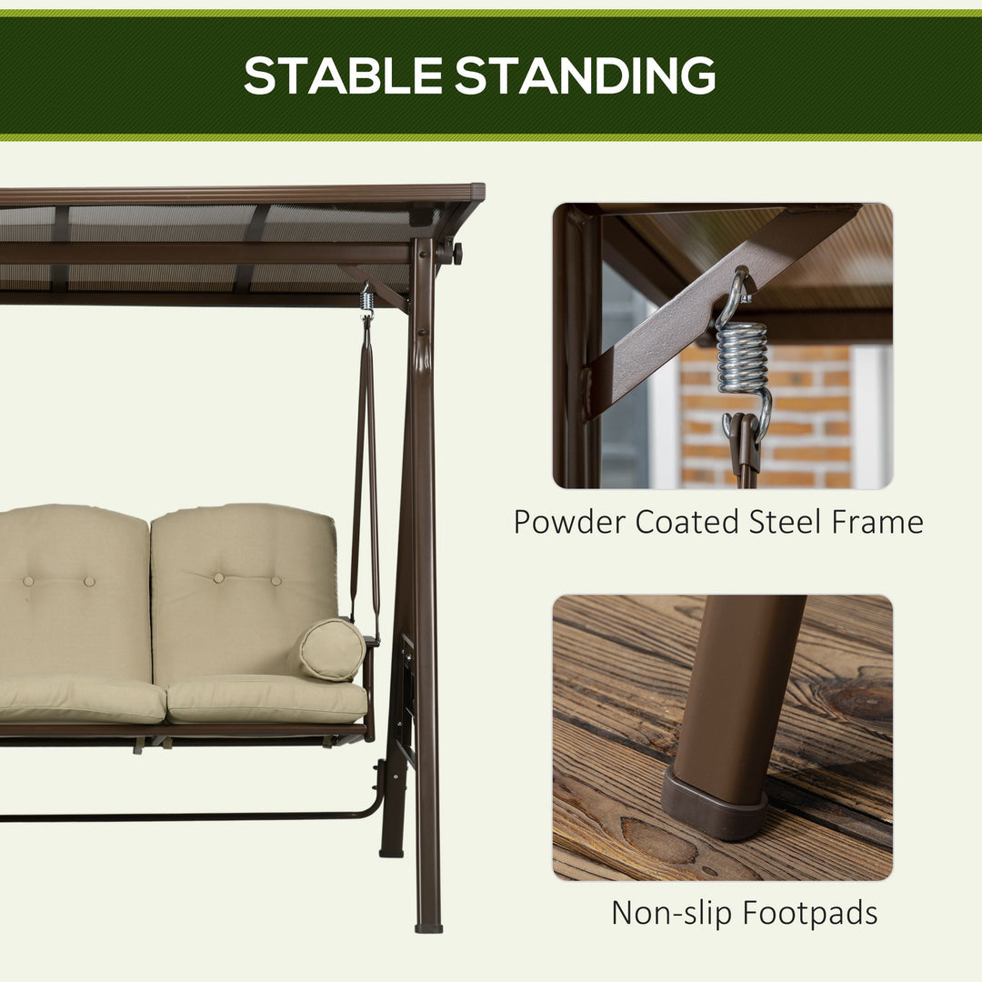 Outsunny 3-Seat Patio Swing Chair, Outdoor Canopy Swing Glider with Cushion, Pillows and Adjustable Polycarbonate Canopy for Porch, Garden, Poolside, Backyard, Khaki