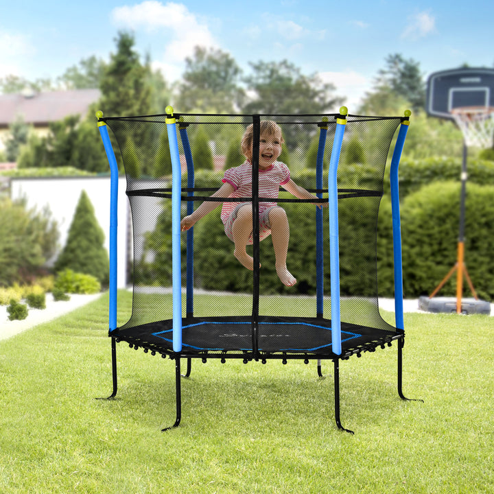 Soozier 63" Kids Trampoline Mini Indoor Bouncer Jumper with Enclosure Net Elastic Thick Padded Pole Gift for Child Toddler Age 3-10 Years Old Blue