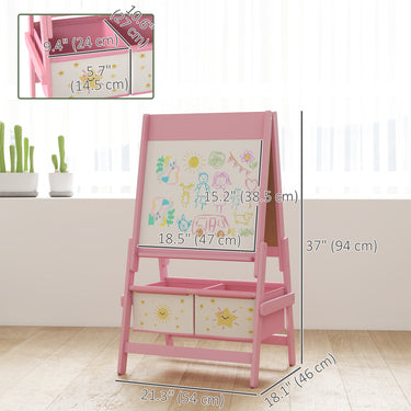 Qaba Art Easel for Kids, Double-Sided Whiteboard & Chalkboard with Paper Roll, 2 Storage Boxes, Gift for Boys, Girls, Pink