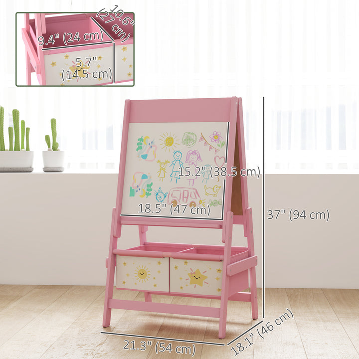 Qaba Art Easel for Kids, Double-Sided Whiteboard & Chalkboard with Paper Roll, 2 Storage Boxes, Gift for Boys, Girls, Pink