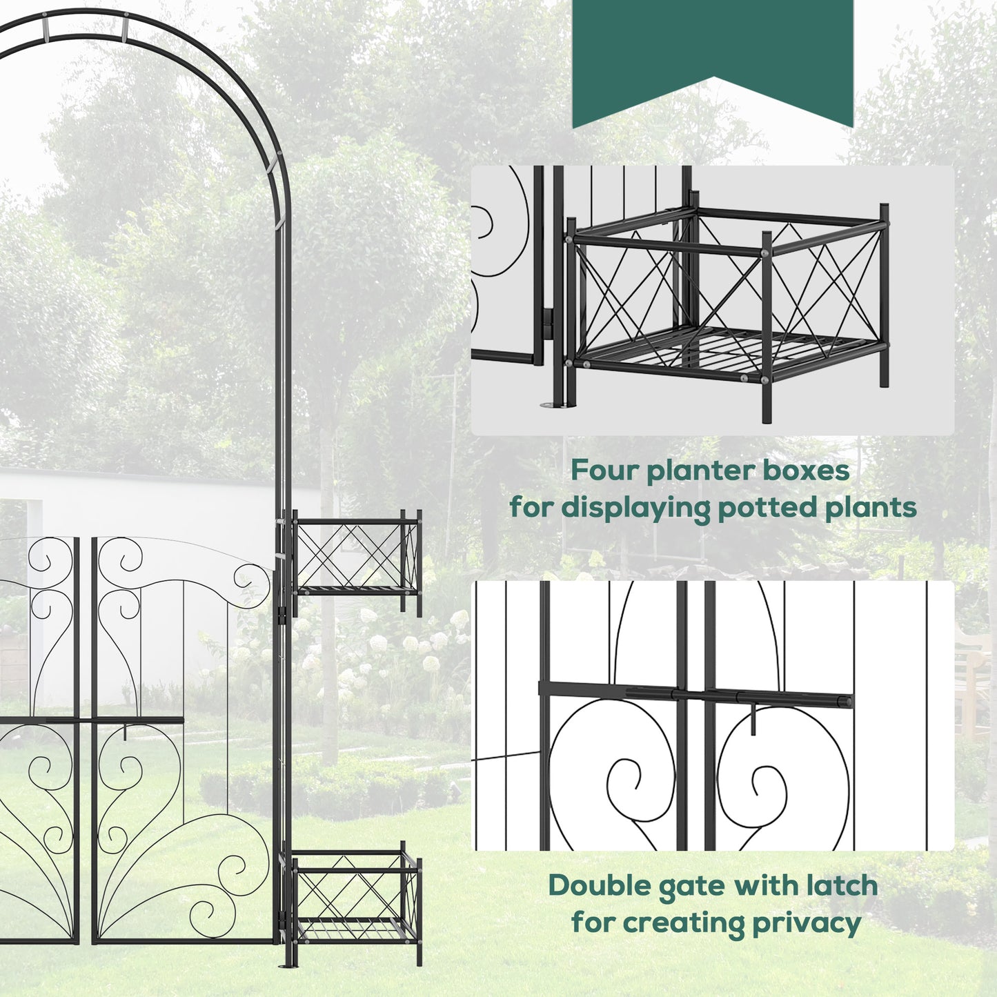 Outsunny 7.2FT Metal Garden Arbor Arch with Double Doors, 2 Side Planter Baskets, Climbing Vine Frame, Black