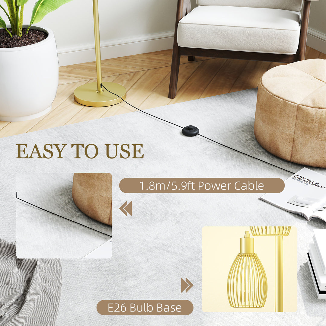 HOMCOM Industrial Floor Lamp with 3 Hanging Wire Lampshades, Dimmable Standing Lamp for Living Room, Bedroom, Dining Room, Study, Black