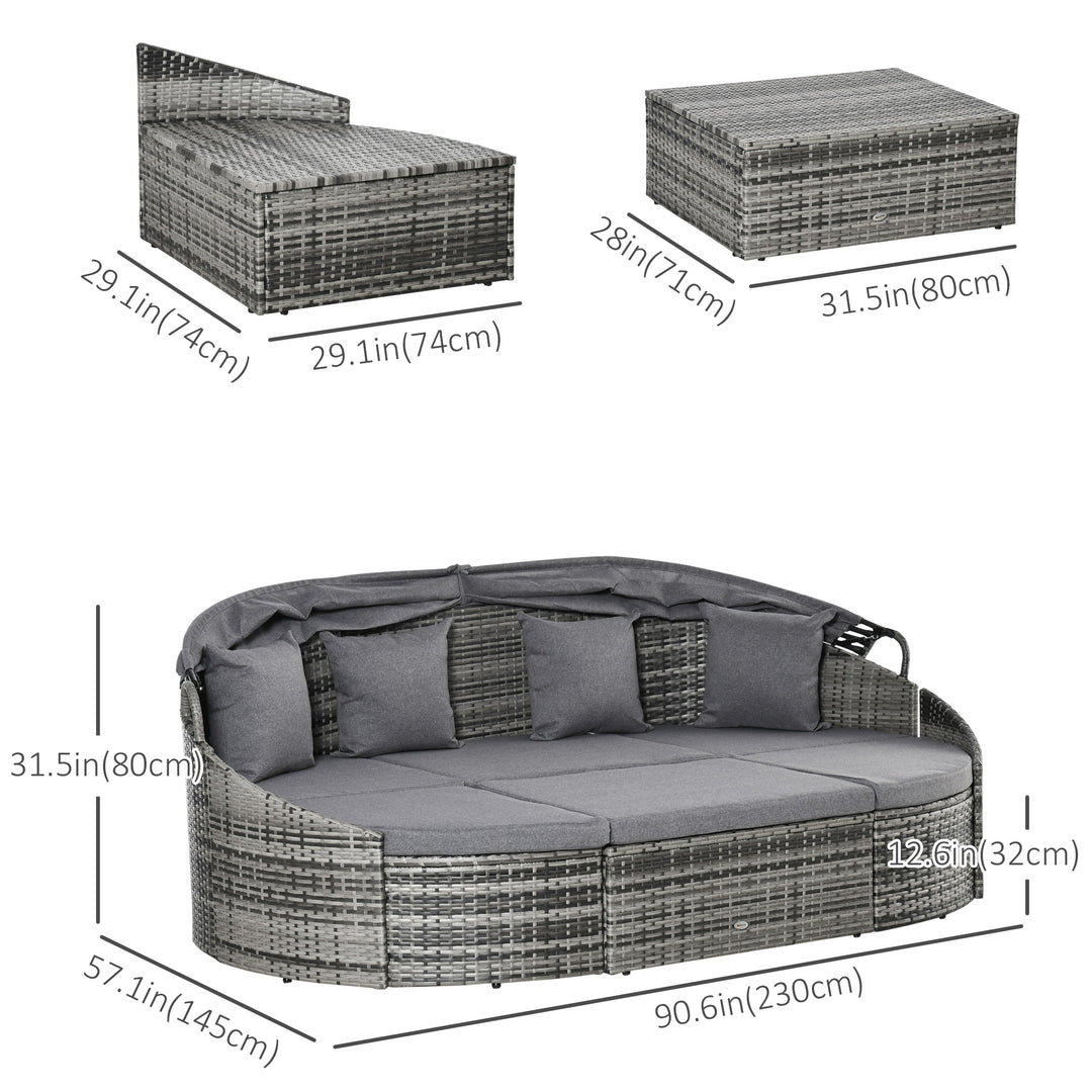 Outsunny 4 Pieces Patio PE Wicker Round Daybed, Outdoor Rattan Garden Lounge Furniture Sets, Grey