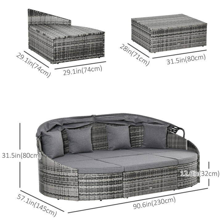 Outsunny 4 Pieces Patio PE Wicker Round Daybed, Outdoor Rattan Garden Lounge Furniture Sets, Grey