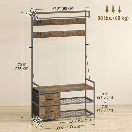 HOMCOM 6-In-1 Hall Tree with Bench and Shoe Storage, Coat Rack Shoe Bench with 10 Hooks, 2 Fabric Drawers, Rustic Brown