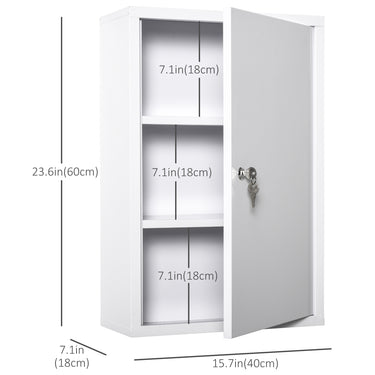 kleankin Wall Mount Medicine Cabinet 3 Tier Steel Emergency Box for Bathroom, Lockable with 2 Keys, White