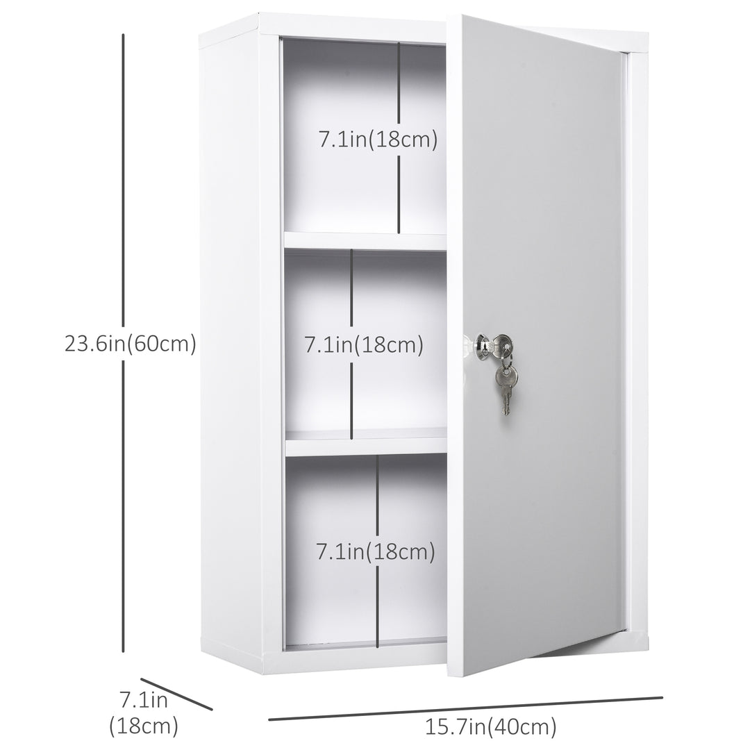 kleankin Wall Mount Medicine Cabinet 3 Tier Steel Emergency Box for Bathroom, Lockable with 2 Keys, White