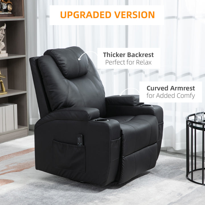 HOMCOM Massage Recliner Chair, Swivel Nursery Rocker Chair, Manual Reclining Sofa with 8 Vibration Points, PU Leather, Cup Holders, Side Pockets, for Living Room, Black