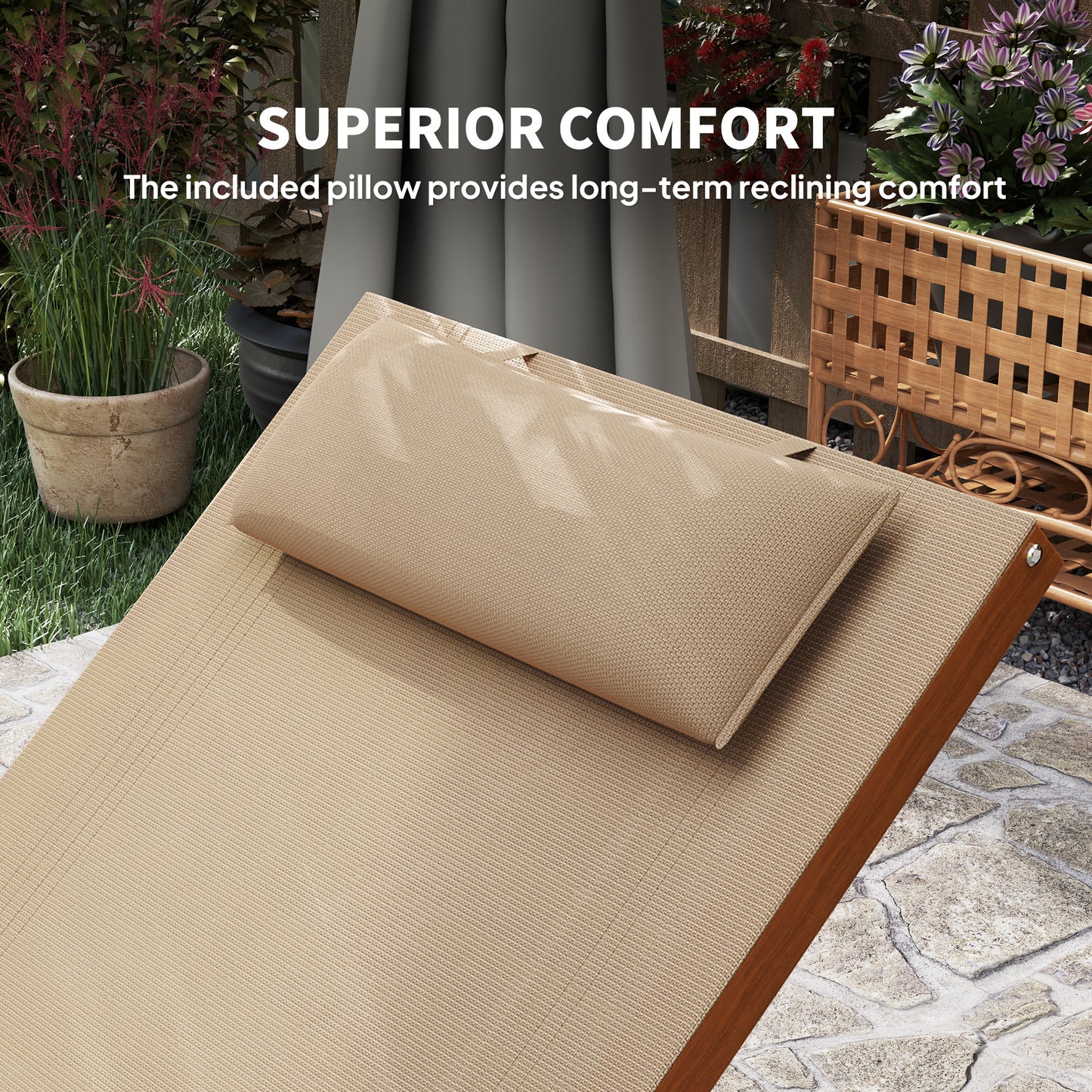 Outsunny Outdoor Wood Chaise Lounge Chair Recliner Patio Camping with Headrest, Teak & Black
