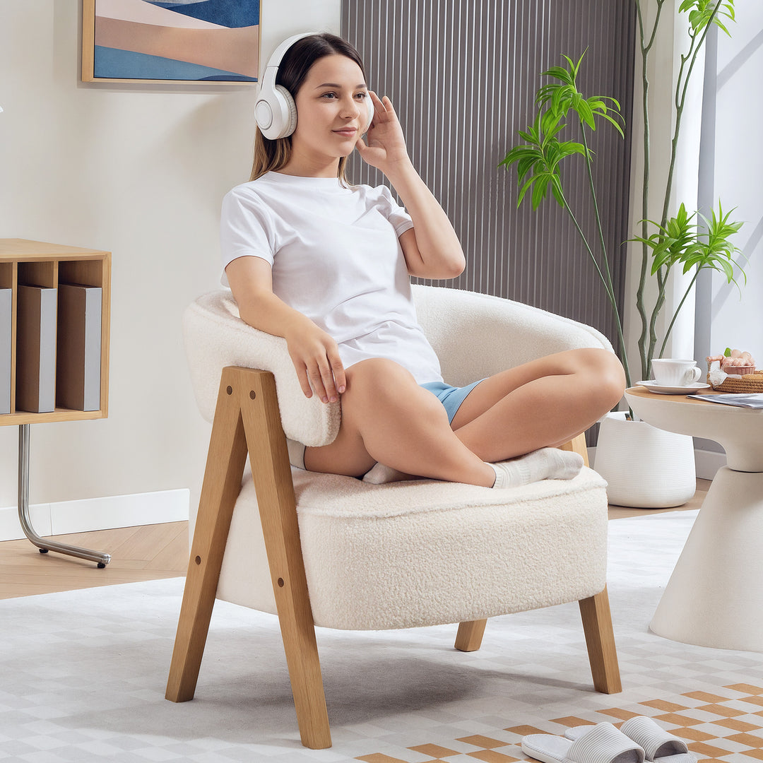 HOMCOM Sherpa Fleece Accent Chair, Upholstered Armchair with Solid Wood Legs and Steel Frame for Living Room, Light Brown