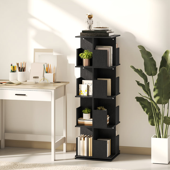 HOMCOM 360° Rotating Bookcase, 4 Tier Bookshelf with 16 Cubbies for Small Space, Living Room, Bedroom, Study, Black Wood Grain