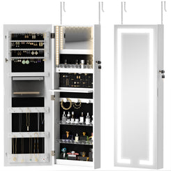 HOMCOM LED Lighted Jewelry Armoire with Mirror Jewelry Cabinet with Storage Lockable Door/Wall Mounted Jewelry Organizer, White