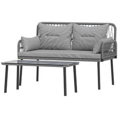 Outsunny 2 Pieces Wicker Patio Furniture Set, Small Patio Seat with Outdoor Loveseat, Glass Top Table and Cushions, Light Grey