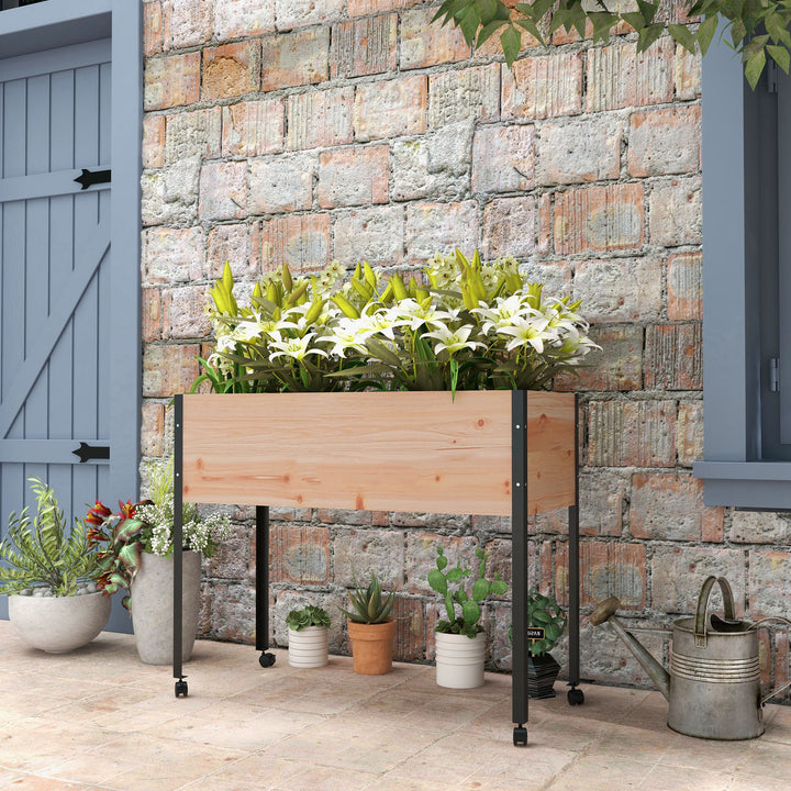 Outsunny Wooden Elevated Planter Box, Raised Garden Bed with Wheels, Metal Legs, Drainage Holes and Bed Liner