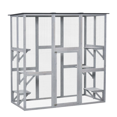 PawHut Large Outdoor Catio Enclosure, Weatherproof Cat House with Asphalt Roof,  Wooden Cat Patio Cage with 6 Balanced Platforms, 71" x 39" x 71", Grey
