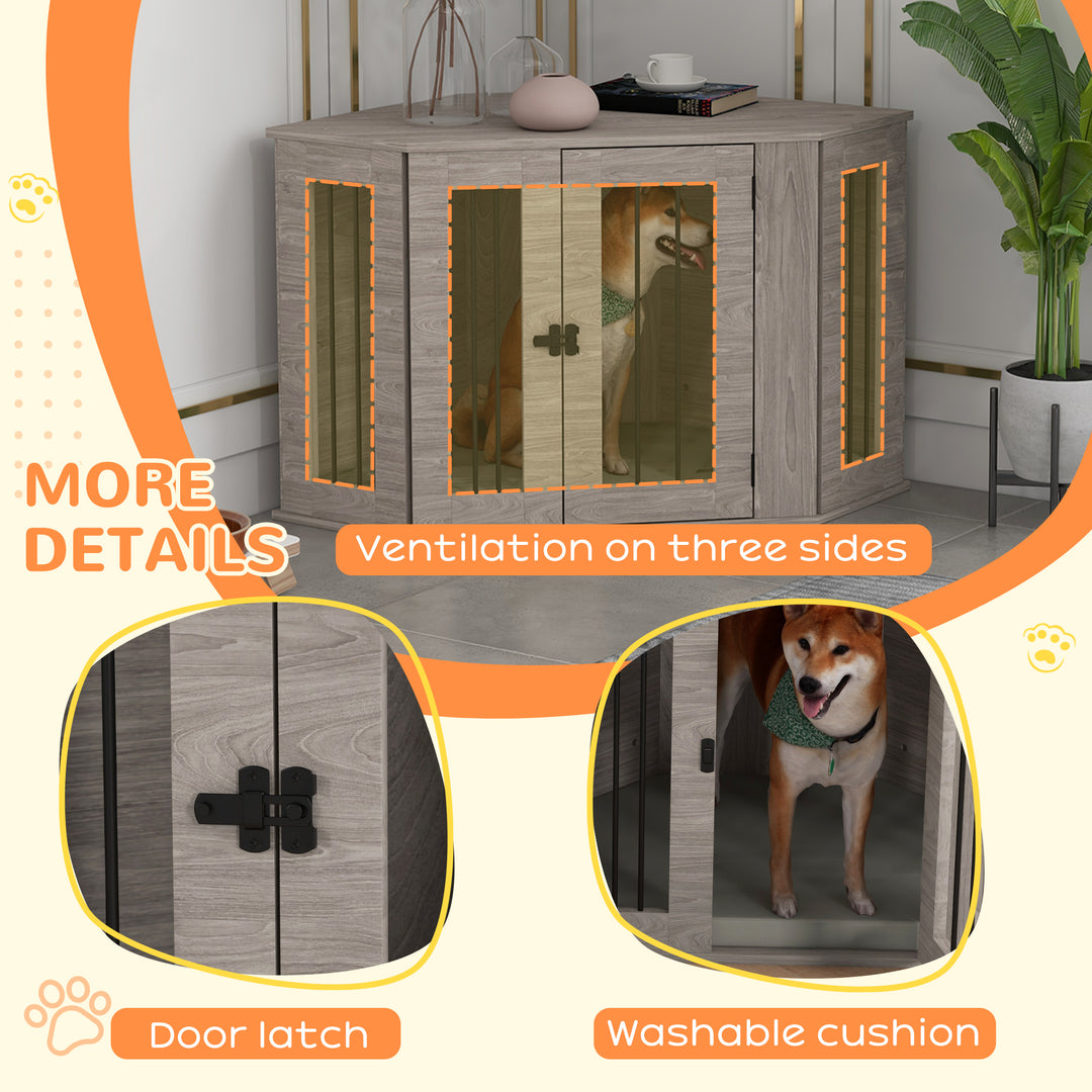 PawHut Dog Crate Furniture with Cushion, 41 Inch Corner Design Dog Crate End Table for Medium Dogs, Walnut Brown