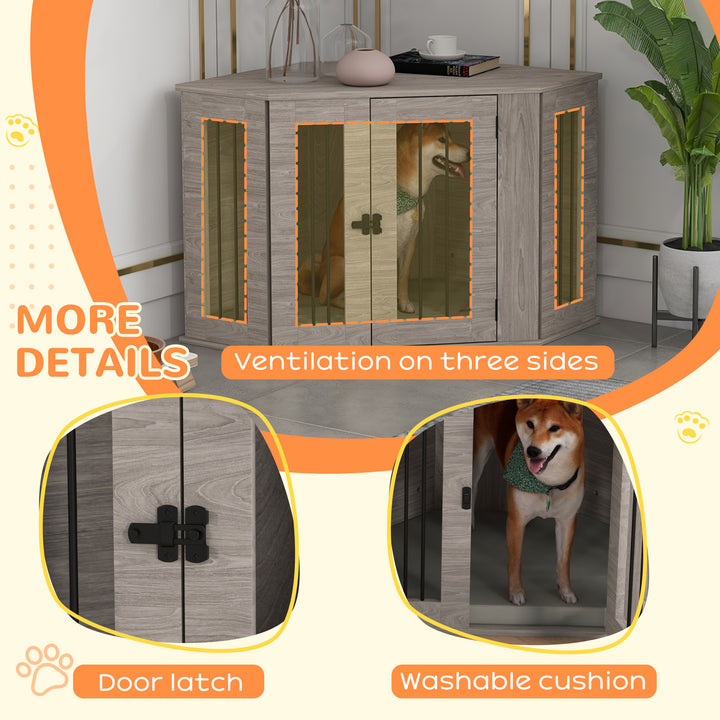 PawHut Dog Crate Furniture with Cushion, 41 Inch Corner Design Dog Crate End Table for Medium Dogs, Walnut Brown