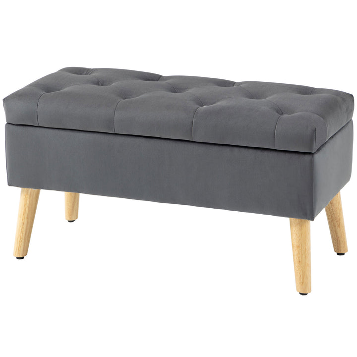 HOMCOM Storage Ottoman with Lid, Velvet Upholstered Storage Bench with Wood Legs for Living Room, Charcoal Grey
