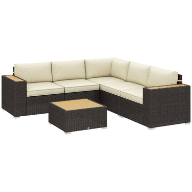 Outsunny 6 Pieces Outdoor Rattan Patio Furniture Set with Corner Sofa, Wood-Plastic Coffee Table, Light Khaki