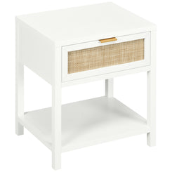 HOMCOM Boho Nightstand, Bedside Table with Rattan Drawer and Open Shelf, Side End Table for Bedroom, Living Room