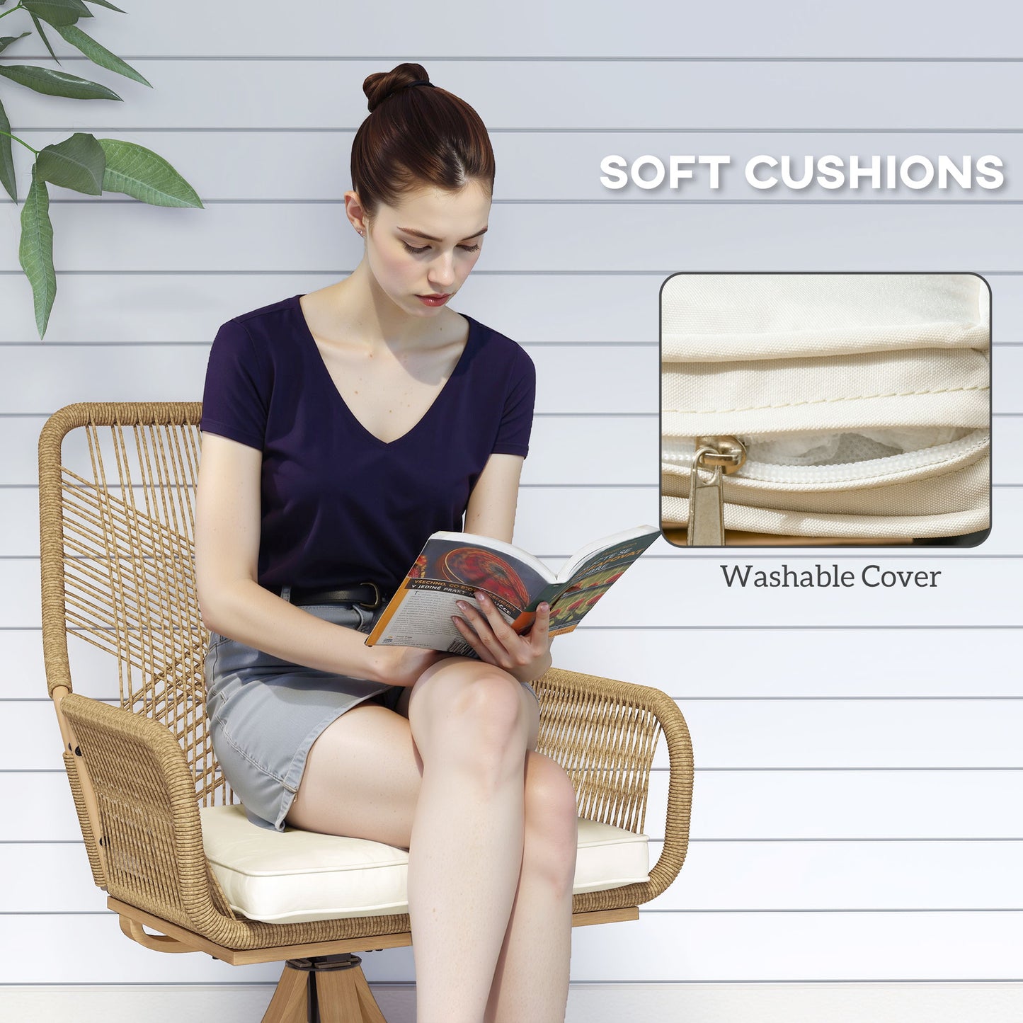 Outsunny Outdoor Swivel Dining Chairs Set of 2, Patio Rattan Chairs with Soft Cushions for Garden, Backyard, Poolside, Khaki