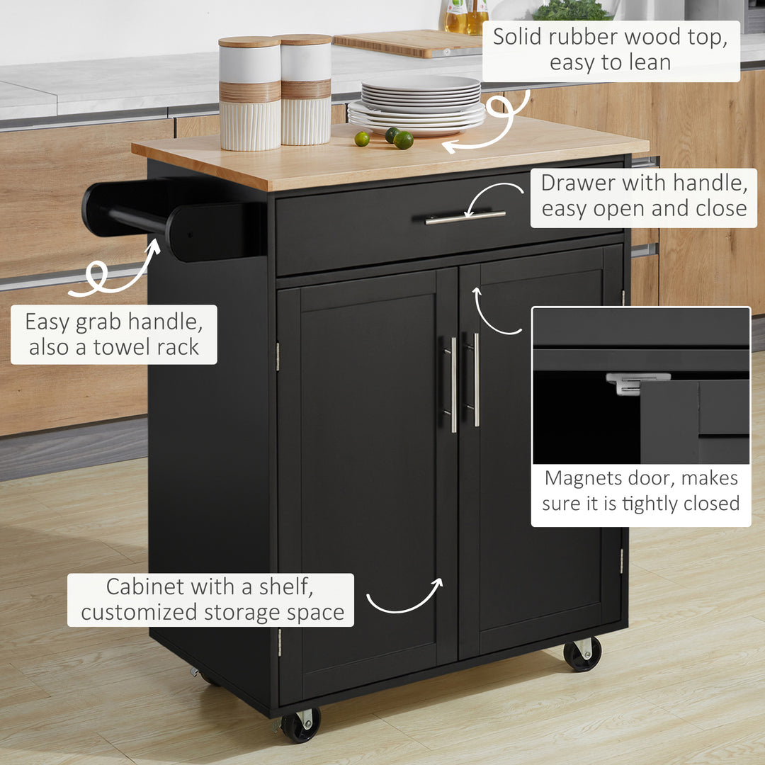 HOMCOM Rolling Kitchen Island Cart with Wood Top, Enough Storage Drawer Space with Towel Bar Rack Shelves, Portable Kitchen Utility Serving Cart Trolley on Wheels, Black