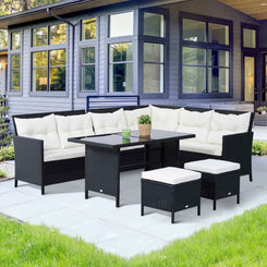 Outsunny 6pcs Outdoor Rattan Sofa Set Garden Wicker Sectional Couch Furniture Set with Dining Table and Chair White