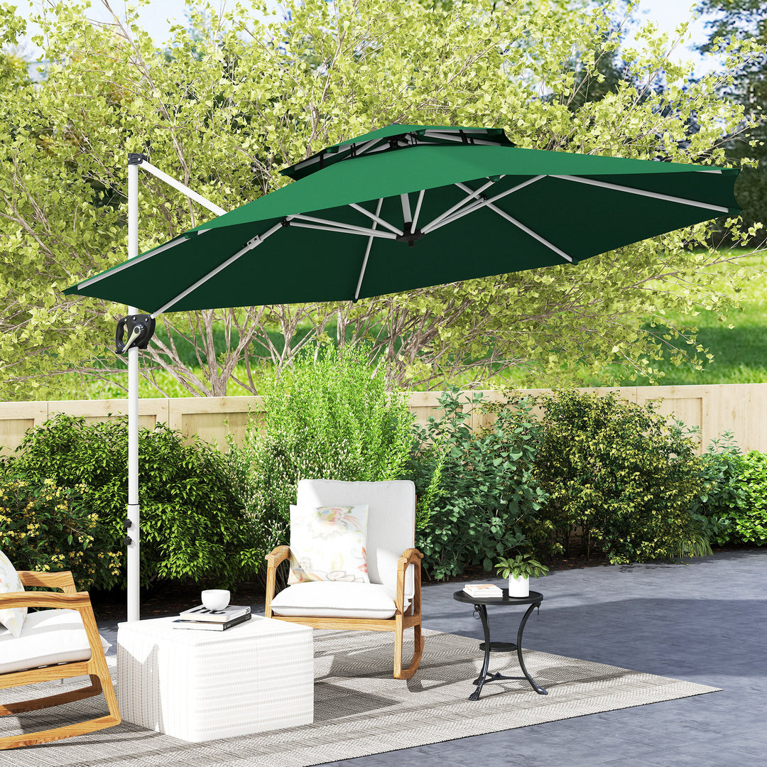 Outsunny 10 FT Cantilever Patio Umbrella with 360° Rotation & Adjustable Height, Cross Base, Crank and Tilt, Dark Green