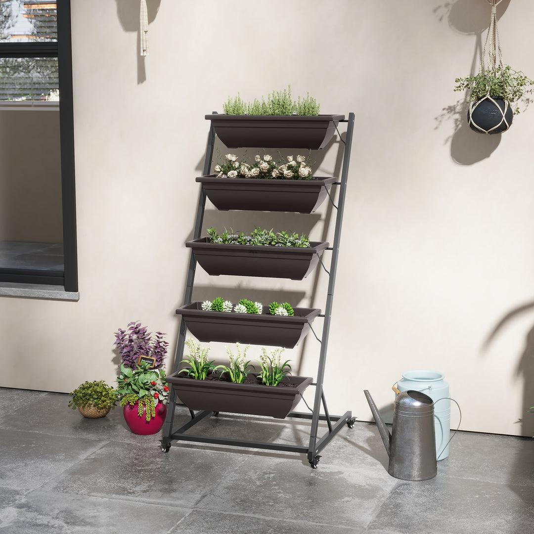 Outsunny 5-Tier Vertical Raised Garden Planter with 5 Boxes, Wheels, Outdoor Plant Stand for Vegetable Flowers, Brown