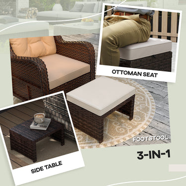 Outsunny 2 Pieces Wicker Outdoor Ottomans with Removable Cushions, Rattan Outdoor Seating, Footrest and Side Table, Khaki