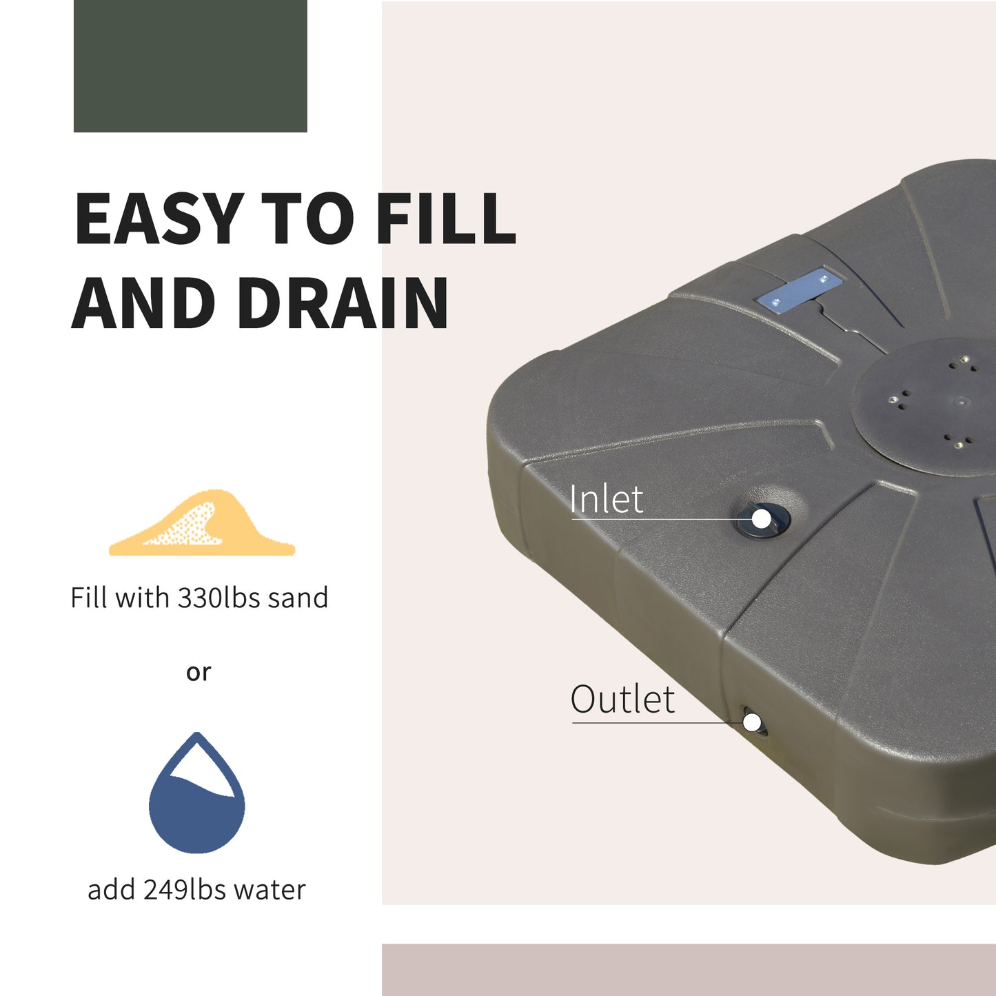 Outsunny Square Cantilever Patio Umbrella Base Water or Sand Filled with Wheels Crossbar Heavy-Duty Umbrella Stand Coffee