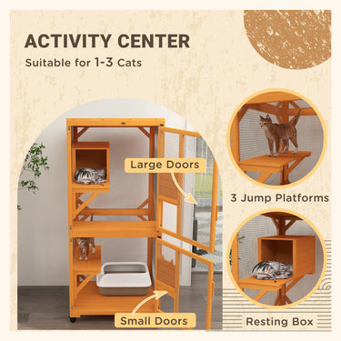 PawHut Catio Outdoor, Elevated Design, with Wheels, Resting Box, Water-Resistant, Multi Platforms, Orange