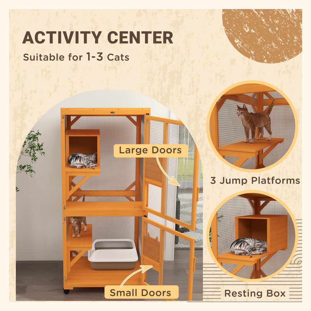 PawHut Catio Outdoor, Elevated Design, with Wheels, Resting Box, Water-Resistant, Multi Platforms, Orange