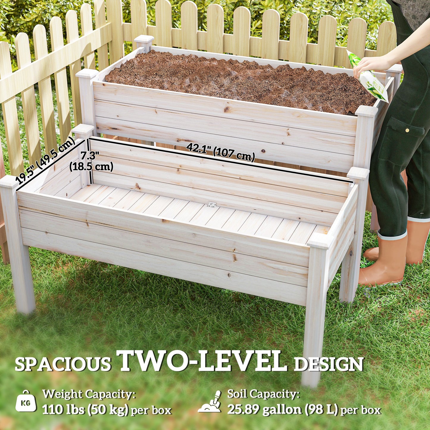 Outsunny 2 Tiers Wood Plant Raised Bed Flower Vegetable Herb Grow Box Stand Garden  Step Planter Stand Free Combination Natural