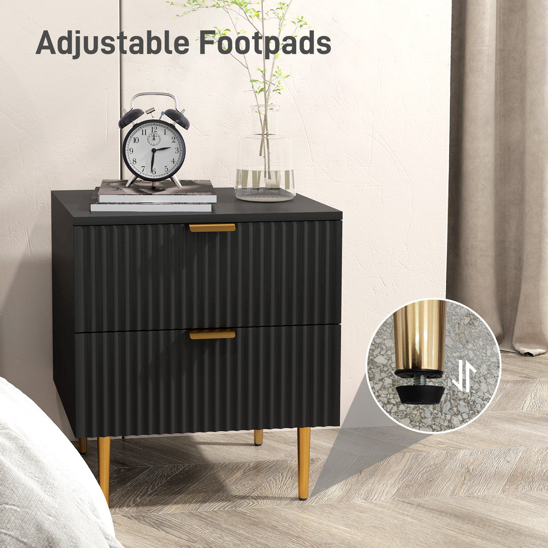 HOMCOM Bedside Table, Modern Nightstand with 2 Drawers, Side End Table with Metal Legs for Living Room, Bedroom, Black