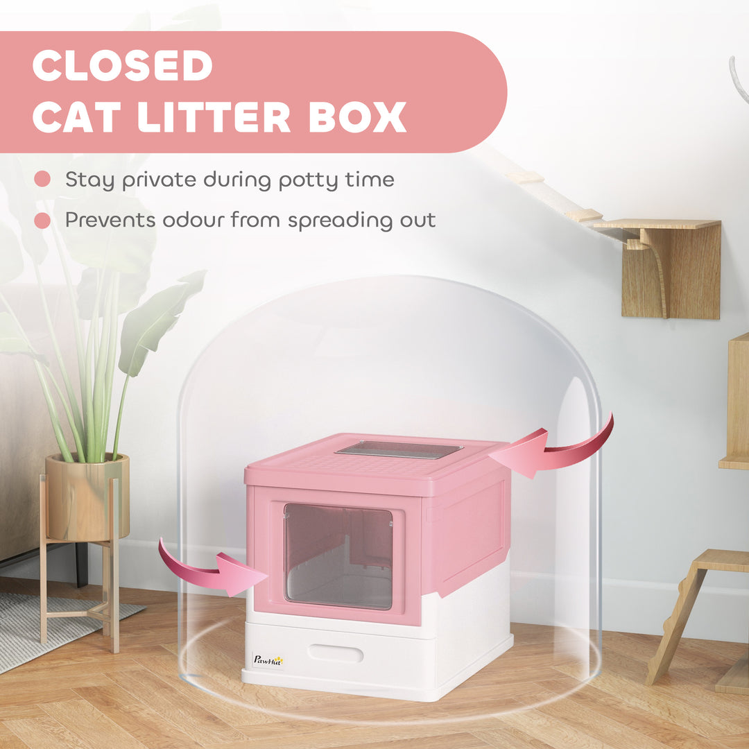 PawHut Top Entry Enclosed Kitty Litter Box with Scoop, Tray, Front Entry, Large Space, Foldable, Portable, Grey