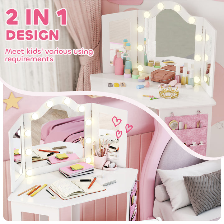 Qaba Kids Vanity Table and Chair Set with Lights, Makeup Dressing Table with Tri-Fold Mirror for Ages 3-8 Years, White