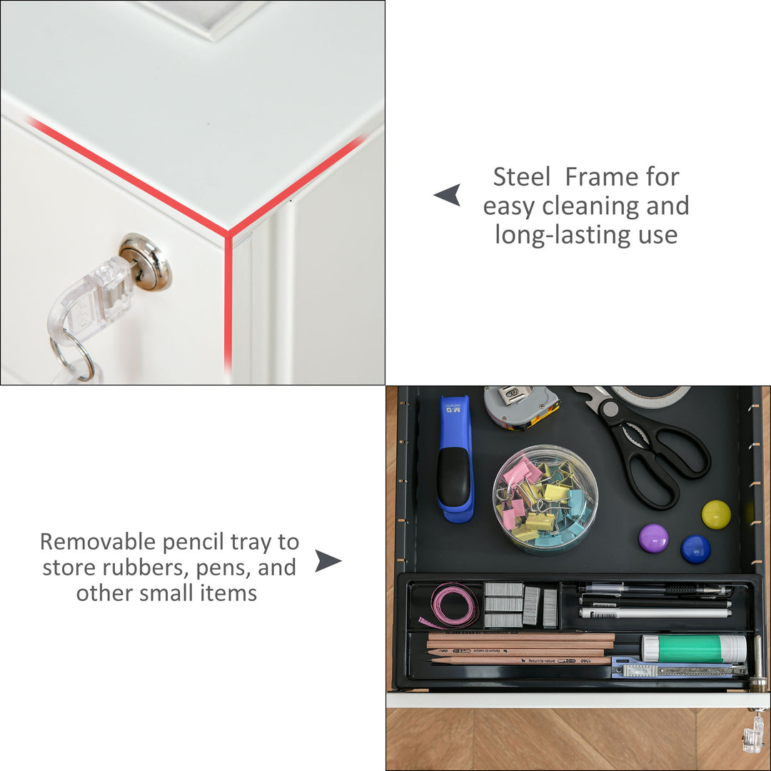 Vinsetto Lockable File Cabinet, Steel Filing Cabinet on Wheels for Legal, A4, Letter Size, with Pencil Tray for Home Office