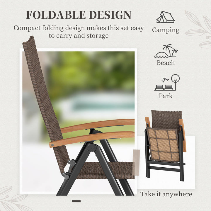 Outsunny Folding Wicker Patio Dining Chair with 5-level Reclining Back, Wooden Armrests for Outdoor, Garden, Backyard, Brown