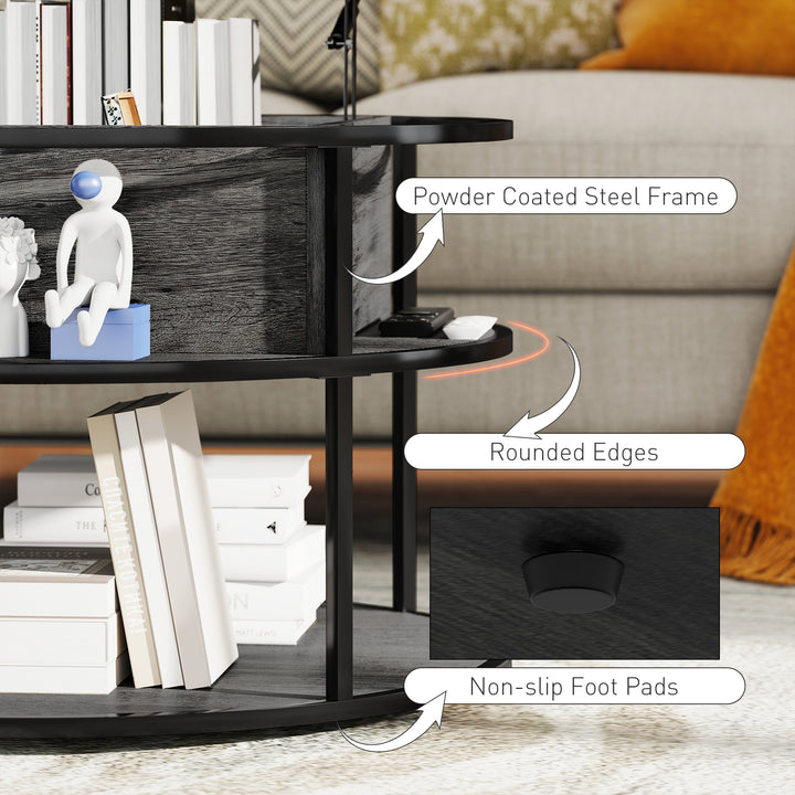 HOMCOM Lift Top Coffee Table, Round Coffee Table with Storage Shelf, Hidden Compartment and Steel Frame, Distressed Dark Grey