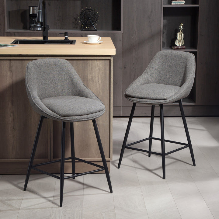 HOMCOM 26" Counter Height Barstools Set of 2, Upholstered Swivel Bar Stools with Backrests and Armrests, Dark Grey