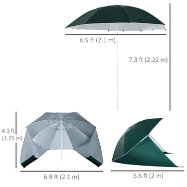 Outsunny 7.5FT 2-in-1 Umbrella Shelter with Carry Bag, Beach Sport Umbrella with Silver Coated UPF50+ UV Protection Dark Green