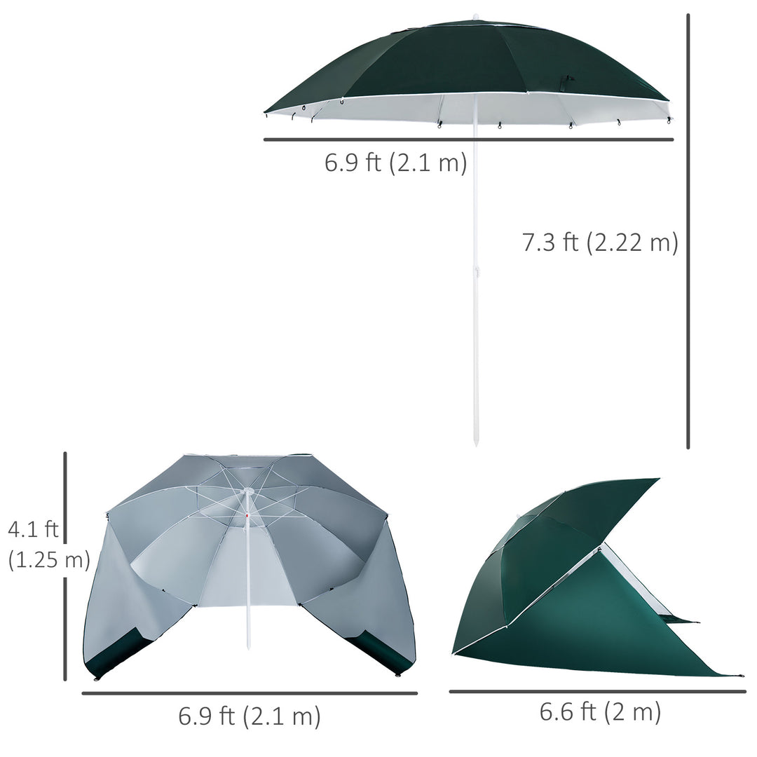 Outsunny 7.5FT 2-in-1 Umbrella Shelter with Carry Bag, Beach Sport Umbrella with Silver Coated UPF50+ UV Protection Dark Green