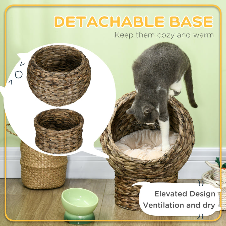 PawHut Wicker Cat Bed with Cushion, Stand, for Indoor Cats, Dark Brown