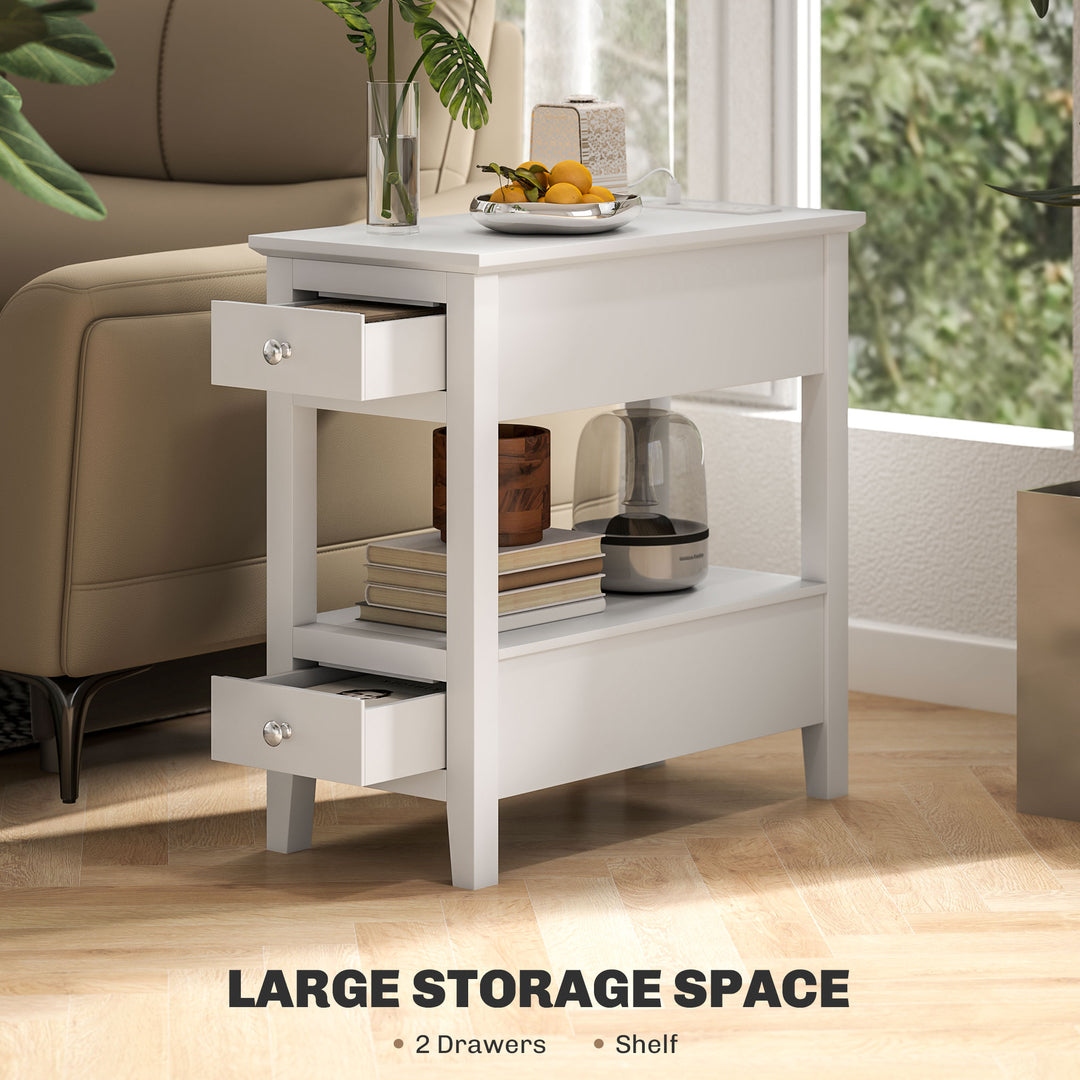 HOMCOM Narrow Side Table with Charging Station, USB Ports, Modern End Table with Storage Shelf, Drawers for Living Room, White