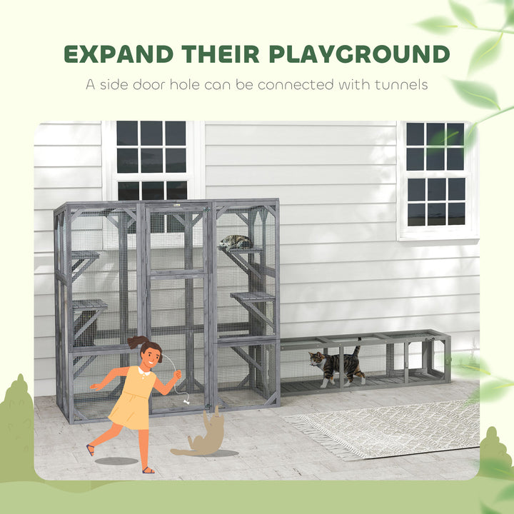 PawHut Outdoor Cat Enclosure with 6 Jumping Platforms, Weatherproof Roof, Large Front Door for 1-3 Cats, 59" x 28" x 60", Grey