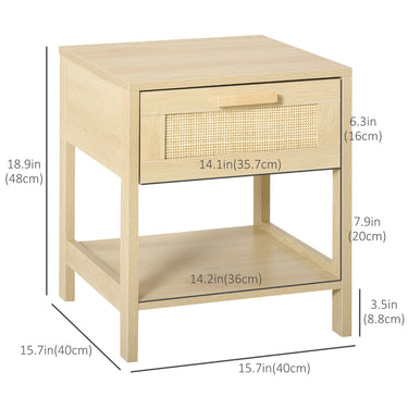 HOMCOM Narrow Nightstand with Rattan Elements, Bedside Table with Drawer and Storage Shelf for Bedroom, Natural