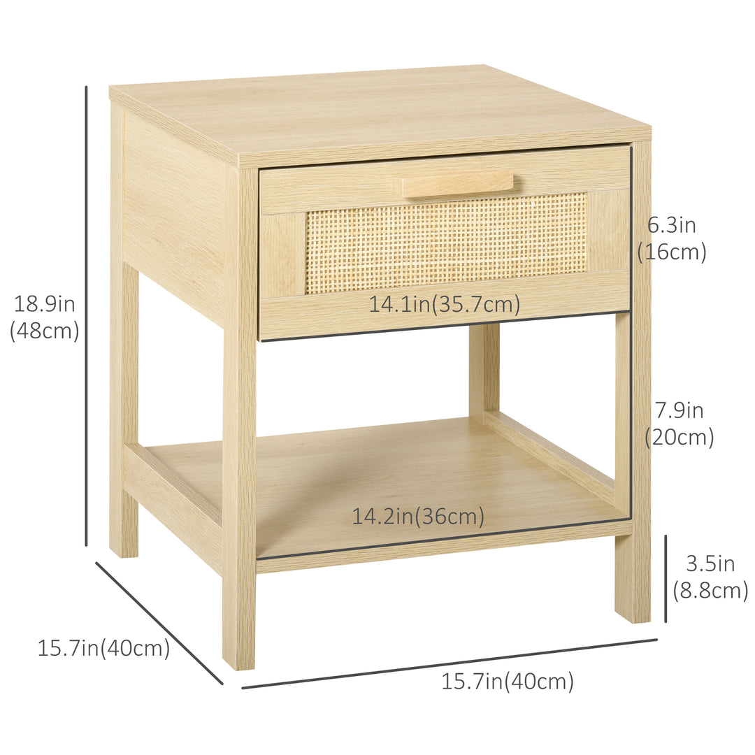 HOMCOM Narrow Nightstand with Rattan Elements, Bedside Table with Drawer and Storage Shelf for Bedroom, Natural