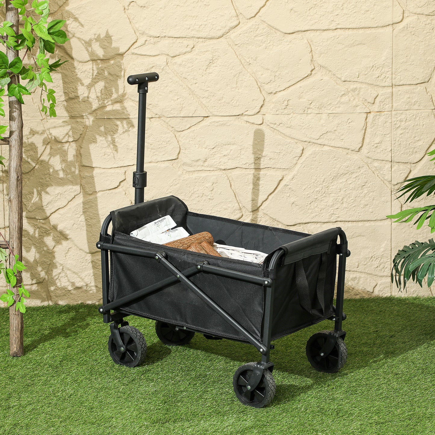 Outsunny Collapsible Folding Garden Cart, Heavy Duty Lawn Wagon with Universal Wheels and Adjustable Handle, Black